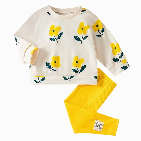 NIEWTR Children 2PC Loungewear Set Toddler Long Sleeve Clothes Round Neck Tee with Stretchy Full Length Pants Breathable Pajamas for 2T-5T(A-Yellow,9-12 Months)