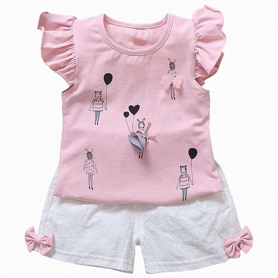 NIEWTR Children Toddler Pajamas Set 2T 3T 4T Baby Girl Floral Print Fly Sleeve Loose Fit Top Drawstring Shorts Two-Piece Set Soft Pjs(A-Pink,12-18 Months)