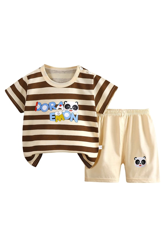 Children's Summer Cartoon Dinosaur Print Short Sleeved Elastic Shorts Two Piece Set Boys' Casual T Shirt Set Pajamas & Dailywear Set 18-24 Months,Brown