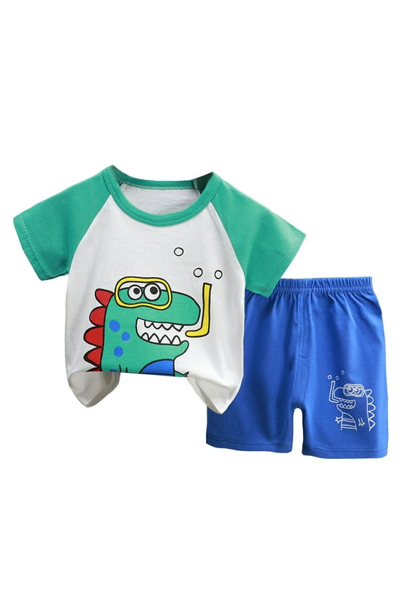 Children's Summer Cartoon Dinosaur Print Short Sleeved Shorts Two Piece Set Boys' Casual T Shirt Set For 1t 2t 3t 4t 5t 6t Cartoon Print 2PCS Set (Light Green,2-3 Years)