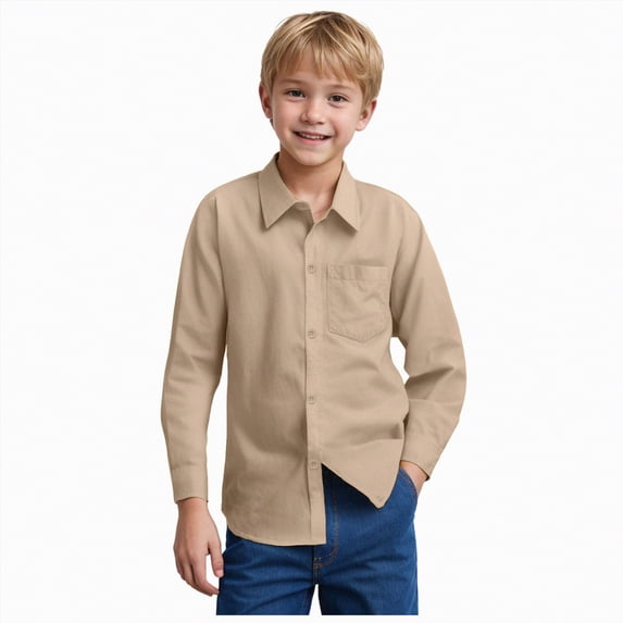 NIEWTR Classic Boys Long Sleeve Button Down Shirt Solid Oxford Dress Shirt for School Uniform Holidays and Formal Occasions Comfortable Cotton Blend Fabric(Khaki,5-6 Years)