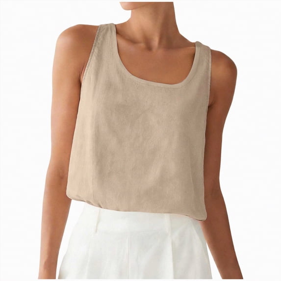 NIEWTR Cotton Linen Tank Tops For Women Summer Sleeveless Vacation Lounge Shirts Loose Fit Crewneck Comfy Beach Vests(Khaki,S)