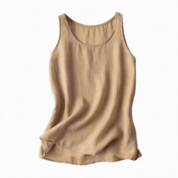 NIEWTR Cotton Linen Tank Tops for Womens Comfy Lounge Wear Summer Sleeveless Crewneck Shirt Casual Blouse Loose Fit Cami(Khaki,L)