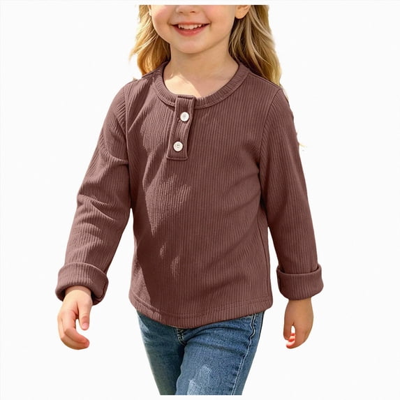 NIEWTR Fall Winter Clothes Girls Long Sleeve T-Shirt Casual Solid Round Neck Side Slit T Shirt Girls Lightweight Tops 2t 3t 4t 5t 6t 7t(A-Coffee,3-4 Years)