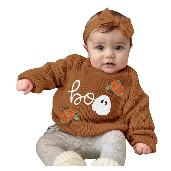 NIEWTR Fall Winter Toddler Baby Boy Clothes 2Pcs Color Block Crewneck Pumpkin Print Sweatshirt and Pants Sweatsuit Little Boy Clothing (12-18 Months,Z091-Brown)