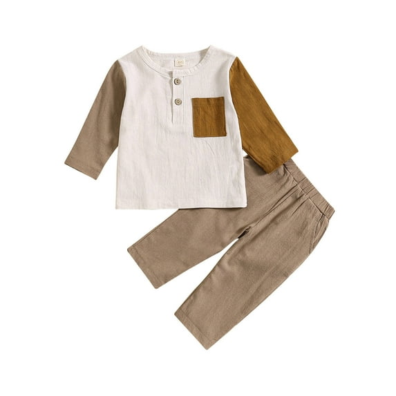 NIEWTR Fall Winter Toddler Baby Boy Clothes 2Pcs Color Block Crewneck Sweatshirt Pullover and Pants Sweatsuit Little Boy Clothing (6-12 Months,Khaki)