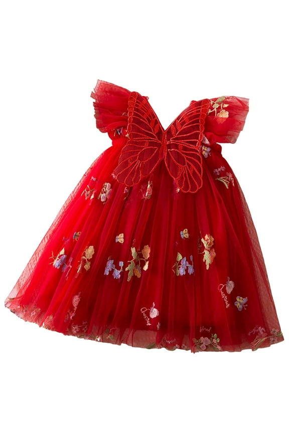Flower Girl Butterfly Bow Tutu Dress for Kids Baby Princess Wedding Communion Birthday Party Pageant Baptism Dresses Wedding Flower Girl Dress(A09-Red,12-18 Months)
