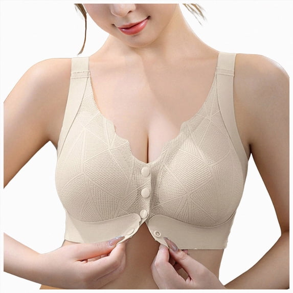 NIEWTR Front Closure Bras for Women No Underwire Full Coverage Comfort Bra Front Closure Bras Older Women Bralettes No Underwire Full Coverage Bras Comfort Wireless Snap Closing Bra (Beige,L)