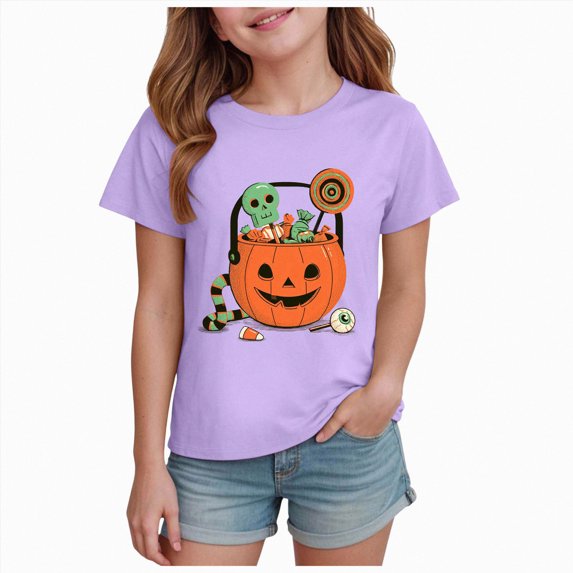 NIEWTR Girl Clothes Halloween Cute and Fun Colorful Print T Shirt Fashion Short Sleeved T Shirt Casual And Simple Printed Short Sleeved Top,