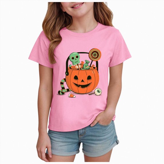 NIEWTR Girl Clothes Halloween Cute and Fun Colorful Print T Shirt Fashion Short Sleeved T Shirt Casual And Simple Printed Short Sleeved Top,