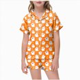 thumbnail image 1 of NIEWTR Girl Kids Pajamas Sets Halloween Pattern Printed With Notched Collar Short Sleeve Tops and Shorts For Home Wear Cozy For Lightweight and Breathable Comfort Sleepwear, 1 of 5