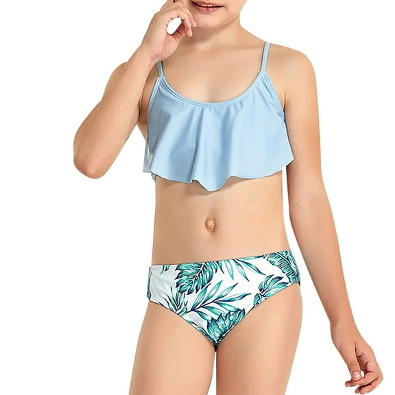 NIEWTR Girl's Swimsuit Two Piece Leaf Print Shorts For 7 To 14 Years Swimming Pool Hot Spring Natatorium Swimwear Beach Bathing Suit for Summer Vacation 13-14Years Light Blue