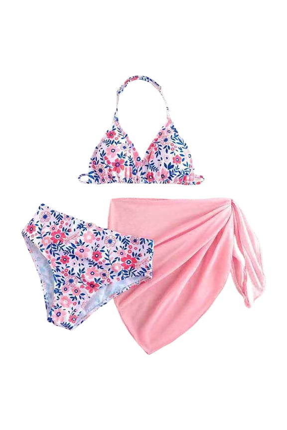 Girls 3 Piece Bikini Set Triangle Top Floral Print Mid Waist Bottom Cover Up Skirt Cute Swimwear Swimwear Beach Bathing Suit for Summer Vacation 13-14 Years Pink