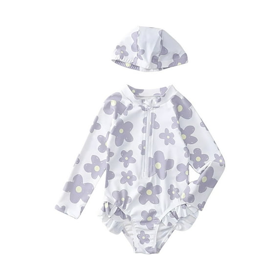 NIEWTR Girls Baby Summer Cute Swimsuit Girls Floral Swimsuit Children Long Sleeved Sunscreen Swimming Swimwear Beach Bathing Suit for Summer Vacation 3-4 Years White