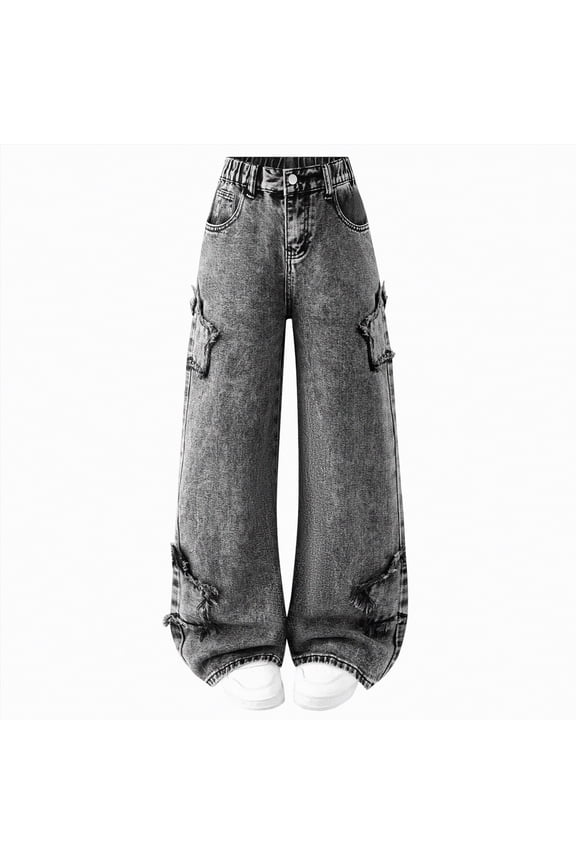 Girls Baggy Jeans Casual Denim Jeans Straight Leg Loose Fit Comfortable Lounge Wear for Everyday Spring(A01-Grey,9-10 Years)