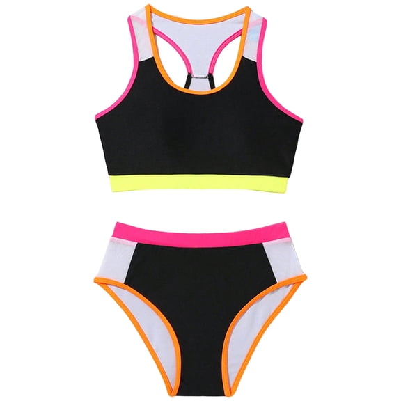 NIEWTR Girls Bathing Suit Color Block Adjustable Strap Sporty Swimsuits Swimwear Beach Bathing Suit for Summer Vacation 8-9 Years Black