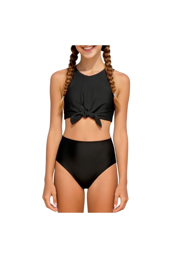 Girls' Beach Sport 2-Piece Bikini Set Swimsuit Crop Top with Swim Briefs Bathing Suit Summer Beach Swimwear 13-14 Years,Black
