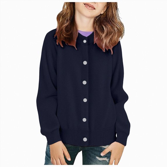 NIEWTR Girls' Cardigan with Button Loose Long Sleeve Sweaters Uniforms 2t 3t 4t 5t 6t 7t Kids Knit Sweater Outerwear(A-Dark Blue,6-7 Years)