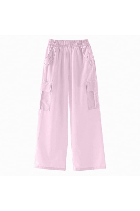 Girls Cargo Baggy Pants Kids Wide Leg Cargo Pants Y2K Street Trousers with Pockets High Waisted Pants(Purple,5-6 Years)