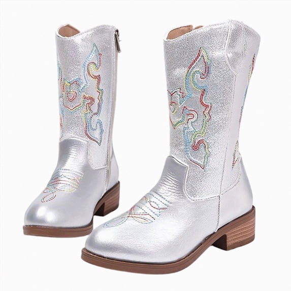 NIEWTR Girls Cowboy Boots Classic Western Floral Embroidery Sparkly Rhinestone Little Big Kids Cowgirl Boots Side Zipper Toddler Girls Boot Riding Concert Party Wedding(A-Silver,2.5)