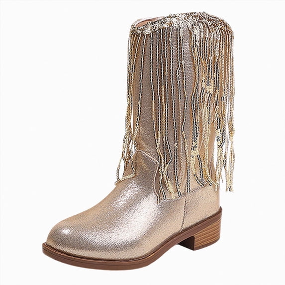 NIEWTR Girls Cowgirl Boots Glitter Cowboy Dress Boots for Little To Big Kid Mid Calf Round Toe Birthday Horse Riding(A-Gold,13)