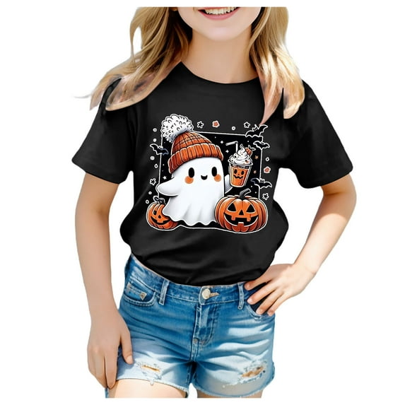 NIEWTR Girls Funny Pumpkin Printed Shirts Halloween Short Sleeve Graphic Tees Fall T-Shirts Tops Halloween T-Shirt (6-7 Years,Black)