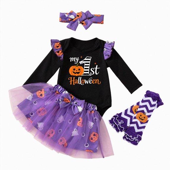 NIEWTR Girls Halloween Comfortable And Breathable Set Cute Printed Long Sleeve Top Skirt Hairband Socks Four Piece Set