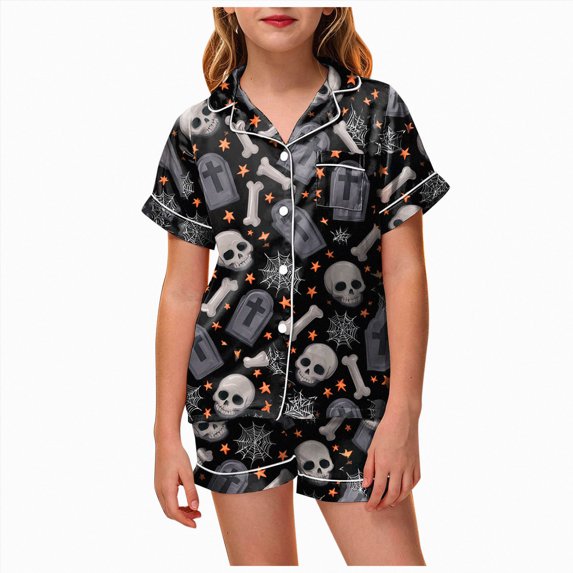 NIEWTR Girls Halloween Graphic Pajamas Flat Collar Short Sleeve Button Up Shirts and Shorts Pajama Set 2 Piece Kids Cozy Cute Sleepwear