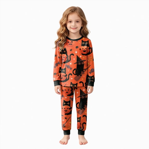NIEWTR Girls Halloween Outfits 9 Years Crewneck 2 Pieces Pajamas Set Graphic Prints Tops Pants Long Sleeve Sleepwear Simple Little Girls Wear