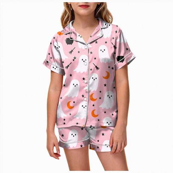 NIEWTR Girls Halloween Pajamas Cute Pumpkin Ghost Print Short Sleeve Shirt Elastic Pants 2 Piece Pajama Set Kids Nightwear