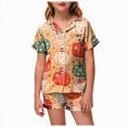 thumbnail image 1 of NIEWTR Girls Halloween Sleepwear Short Sleeve Pumpkin Printed Lapel Blouse Pajamas Sets Tops With Elastic Waist Shorts Two Piece Loungewear For Kids Trendy Nightwear, 1 of 5