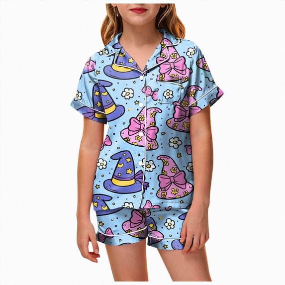 NIEWTR Girls Halloween Sleepwear Short Sleeve Pumpkin Printed Lapel Blouse Pajamas Sets Tops With Elastic Waist Shorts Two Piece Loungewear For Kids Trendy Nightwear