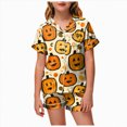 thumbnail image 1 of NIEWTR Girls Halloween Sleepwear Short Sleeve Pumpkin Printed Lapel Blouse Pajamas Sets Tops With Elastic Waist Shorts Two Piece Loungewear For Kids Trendy Nightwear, 1 of 5