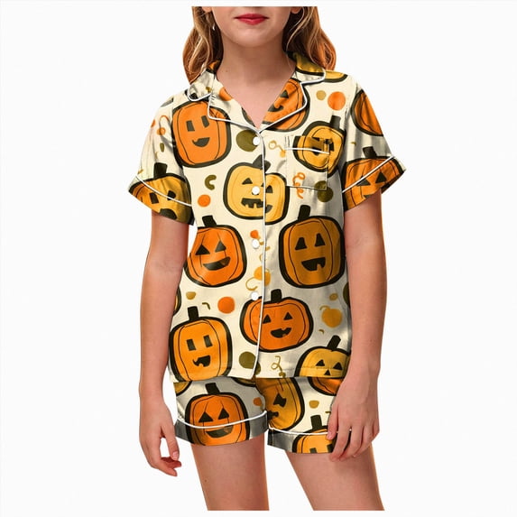 NIEWTR Girls Halloween Sleepwear Short Sleeve Pumpkin Printed Lapel Blouse Pajamas Sets Tops With Elastic Waist Shorts Two Piece Loungewear For Kids Trendy Nightwear