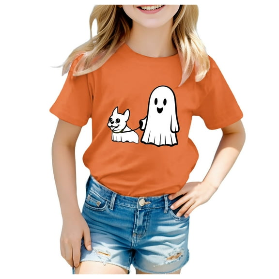 NIEWTR Girls Halloween T-Shirt Funny Short Sleeve Witch Please Graphic Tees Tops Halloween T-Shirt Halloween Spooky Season Graphic T-Shirt (8-9 Years,Orange)