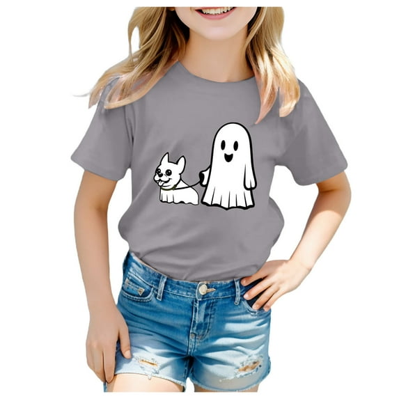 NIEWTR Girls Halloween T-Shirt Funny Short Sleeve Witch Please Graphic Tees Tops Halloween T-Shirt Halloween Spooky Season Graphic T-Shirt (8-9 Years,Grey)