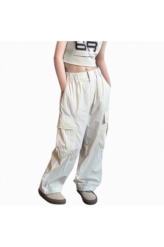 Girls High Waisted Baggy Cargo Pants Y2K Style Wide Leg with Side Cargo Pockets and Drawstring Waist Spring Trousers（A01-Beige,9-10 Years)