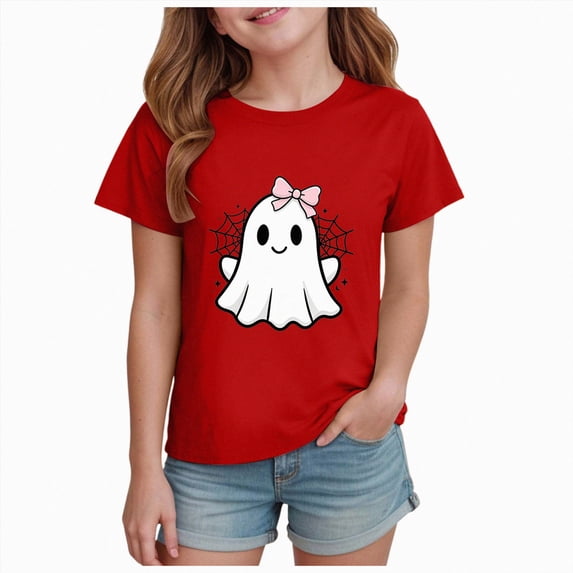 NIEWTR Girls Kids halloween Crew Neck Short Sleeve Cartoon Holiday Print Soft Loose Halloween Casual Tee Tops Lovely Tops(5-6 Years)
