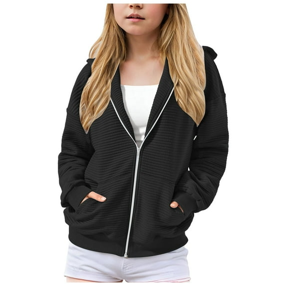 NIEWTR Girls Little Girls Zip up Hoodies Long Sleeve Casual Oversized Jackets with Pocket Loose Cute Tops Fall Winter Coat (7-8 Years,Z01-Black)