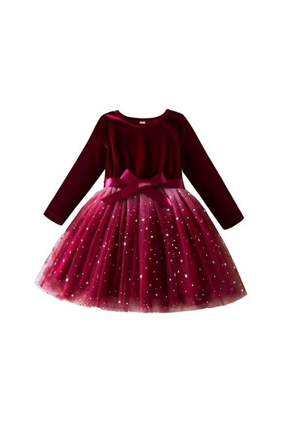 Toddler Tutu Dresses Little Girls Velvet Tulle Fall Winter Long Sleeve Ruffle Holiday Party Dress 1-11Y Cake Dresses Glitter Mesh Dress(Red,4 Years)