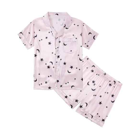 NIEWTR Girls Pajamas Satin Pajama Set Silk Pjs Short Sleeve Button Down Summer Bow Sleepwear for Big Kids 7-14Y(Pink,9-10 Years)