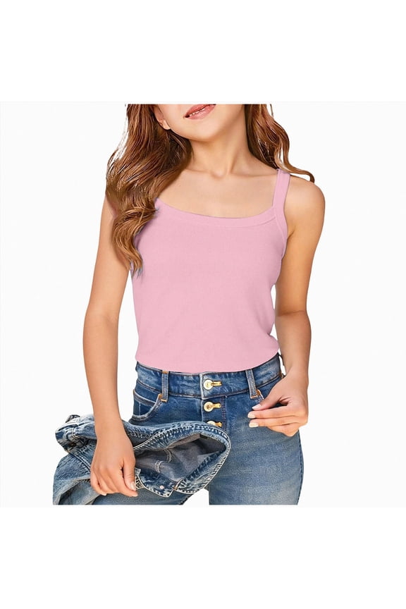 Girls Ribbed Knit Tank Tops Slim Fit Crew Neck Sleeveless Shirts Kids Summer Camisole Basic Undershirts(A-Pink,11-12 Years)