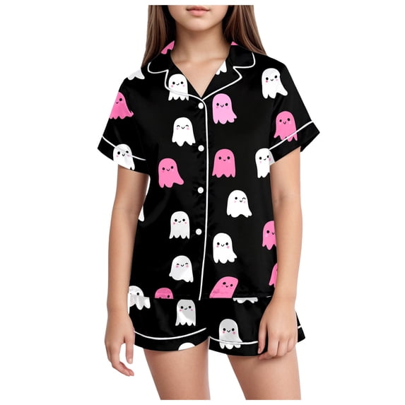 Caqnni Girls Satin Pajama Set Halloween Pumpkin Ghost Print Shirts and Shorts Short Sleeve Button Down Soft 2 Piece Outfits Girls Halloween Pajamas Shorts Sets (6-7 Years,Pink)