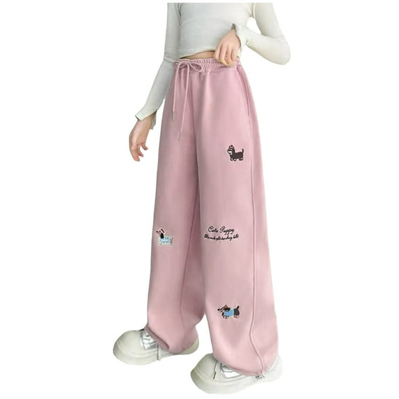 NIEWTR Girls Sporty Plain Sweatpants Cotton Comfortable Wide Leg Casual Trousers Elastic High Waist Outdoor Trousers For Teenagers(B2-Pink,10-12 Years)