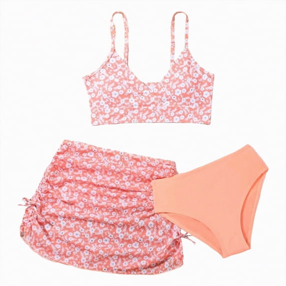 NIEWTR Girls Spring Summer Swimwear 3-Piece Swimsuit Set Swimsuit Skirt Outdoor Sun Protection Set(Orange,12-13 Years)