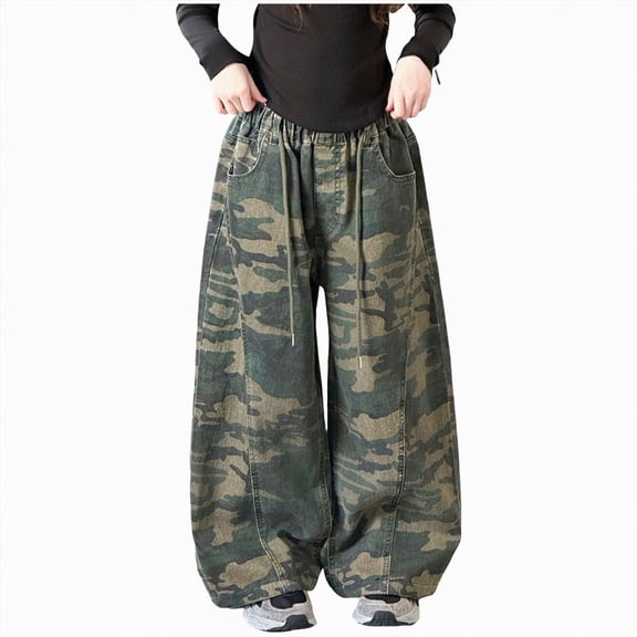 NIEWTR Girls Spring Sweatpants Wide Leg Loose Fit Lounge Pants Casual Elastic High Waist Drawstring Joggers for Home and Out(Camouflage,7-8 Years)