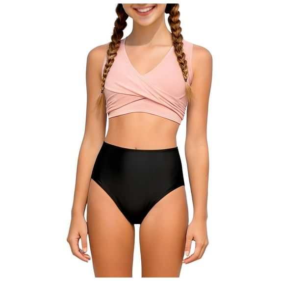 NIEWTR Girls Swimsuit Bikini Sets 2 Piece Color Block Bathing Suits For Teen Girls Swimwear Swimwear Beach Bathing Suit for Summer Vacation 9-10 Years Pink