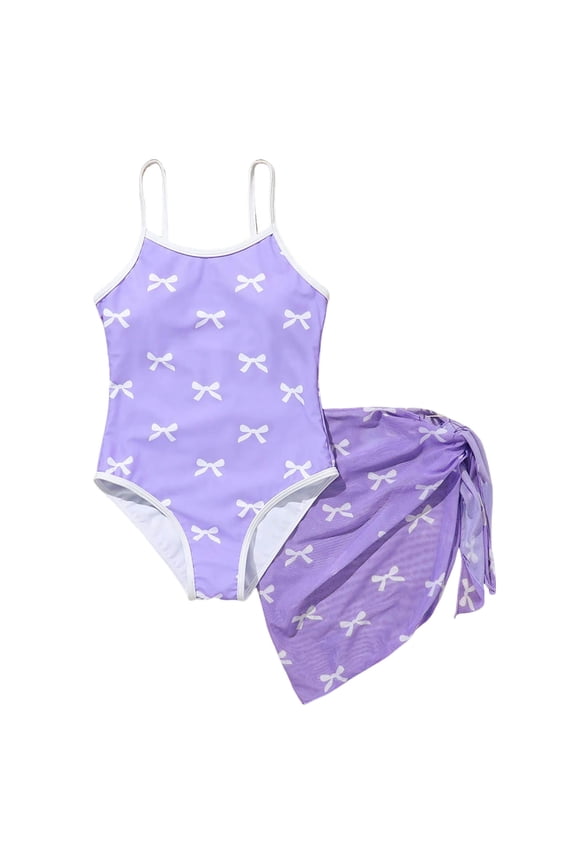 Girls Swimsuit Set Comfortable Soft Breathable And Stylish With Bow Print Swimwear Beach Bathing Suit for Summer Vacation 7-8 Years Purple
