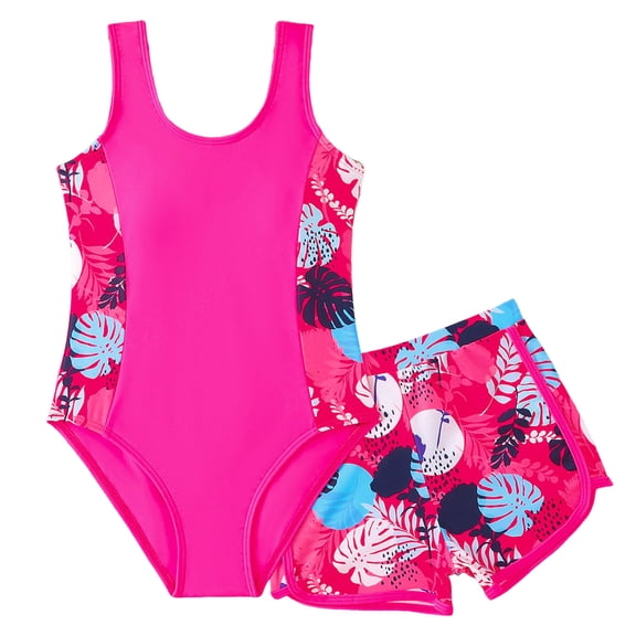 NIEWTR Girls' Swimsuit With Shorts For Girlss Floral Swimwear Bathing Suit For Young Girls Swimwear Beach Bathing Suit for Summer Vacation 11-12 Years Hot Pink