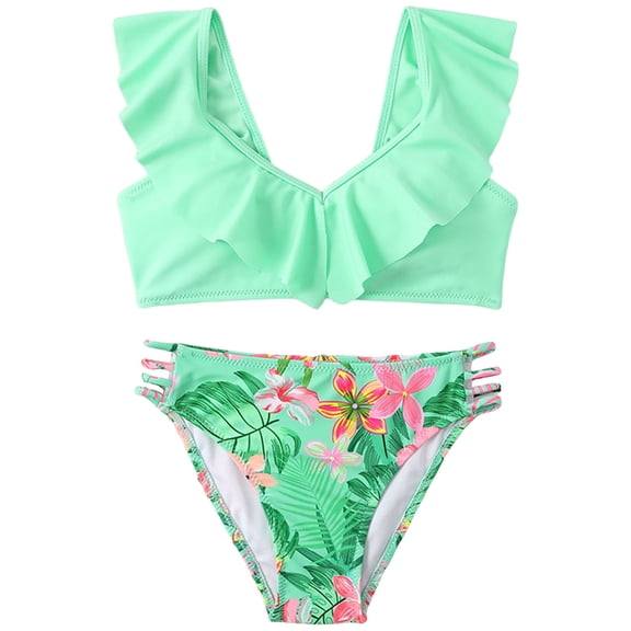 NIEWTR Girls Swimsuit Solid Color 2 Piece Girls Tankini Swimsuit Contrast Teen Bathing Suit Padded Swimwea Swimwear Beach Bathing Suit for Summer Vacation 11-12 Years Green